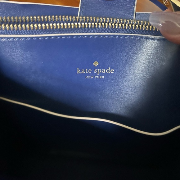 Kate Spade Pale Beige Medium Satchel Bag with Navy Blue details. - Picture 6 of 6